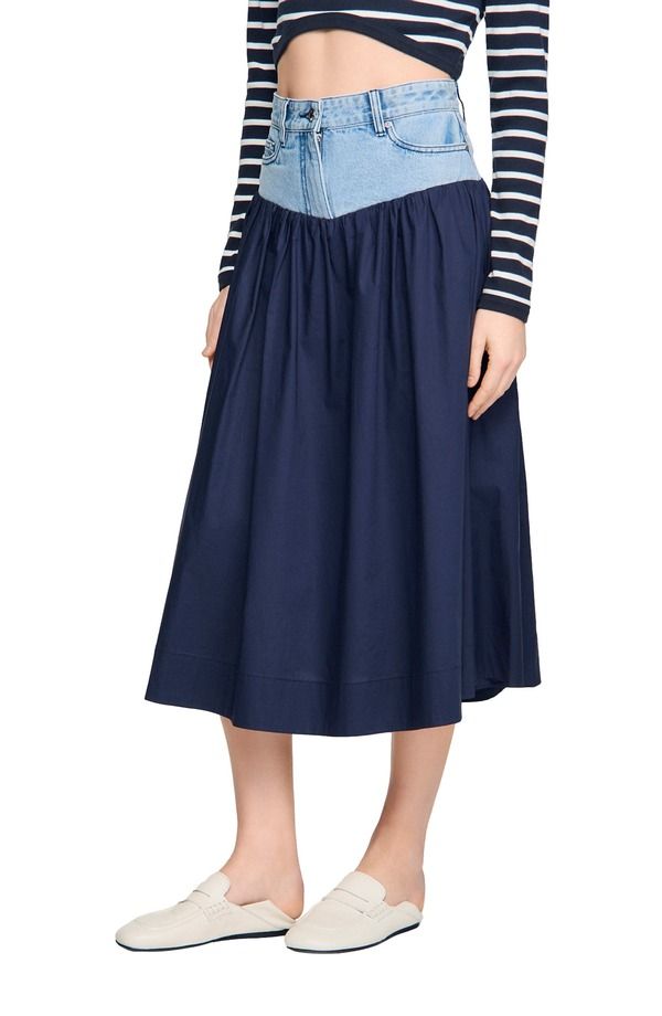 サンドロ レディース ボトムスカート マキシ SANDRO Mixedmaterial maxi skirt Navy Blue ネイビー