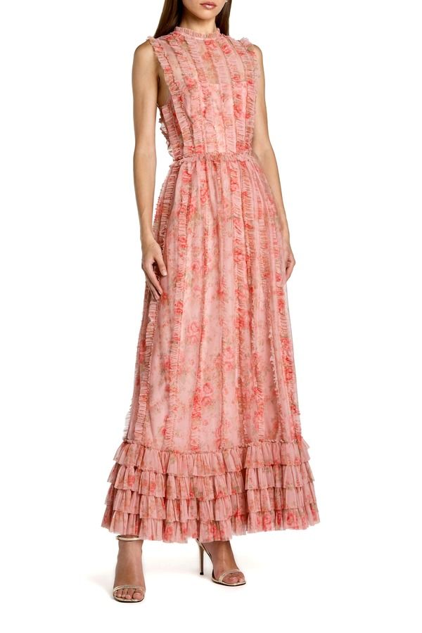 マックダガル レディース トップス ワンピース ハイネック フラワー柄 フリル メッシュ ミディ フラワー Mac Duggal Floral Meshigh Neck Micro Ruffle Midi Dress Rose Multi マルチカラー
