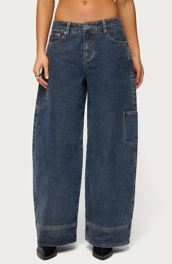 アディクテッド レディース ボトムス デニムパンツ ワイドレッグ ローライズ ジーンズ EDIKTED Nea Pocket Low Rise Wide Leg Jeans DarkBlue ブルー