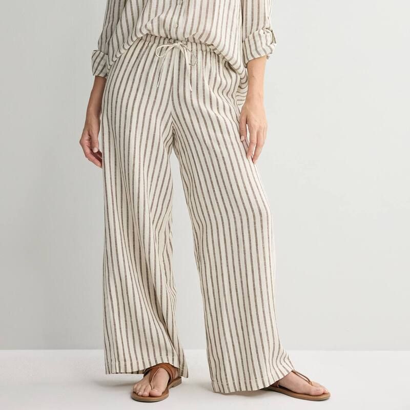 ソノマ レディース ボトムス カジュアルパンツ プチ リネン Petite Sonoma Goods For Life Mid Rise Linen Blend Pants Tan Brown Stripe ブラウン