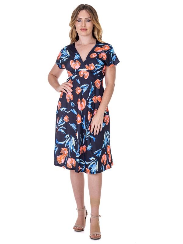24 セブンコンフォート レディース トップス ワンピース Vネック ひざ丈 プチ プリント キャップ エンパイア 24seven Comfort Apparel Petites Tuliprint V Neck Empire Waist Cap Sleeve