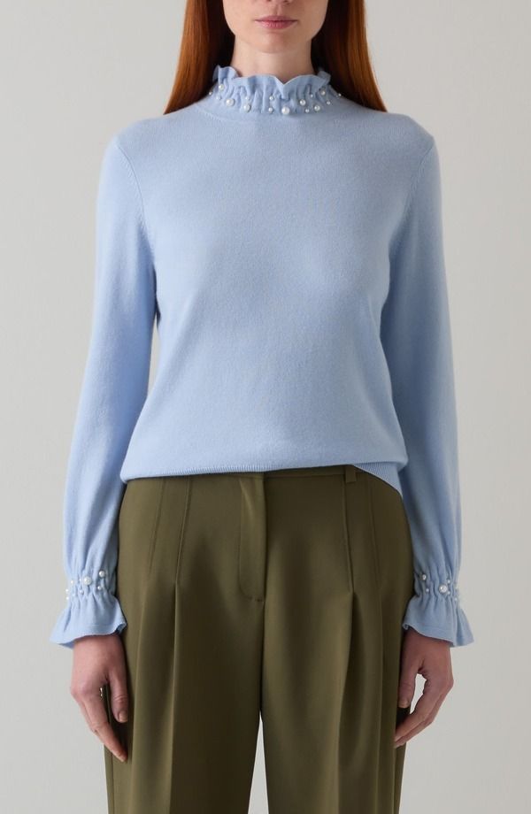 エルケーベネット レディース アウター パーカー・スウェット フリル セーター LK Bennett Vera Faux Pearl Accent Ruffle Sweater Blue Multi ブルー