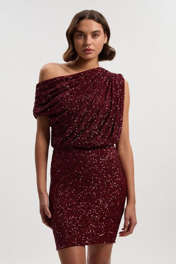 カレンミレン レディース トップス ワンピース ミニ スパンコール Karen Millen One Shoulder Sequin Mini Dress Plum プラム