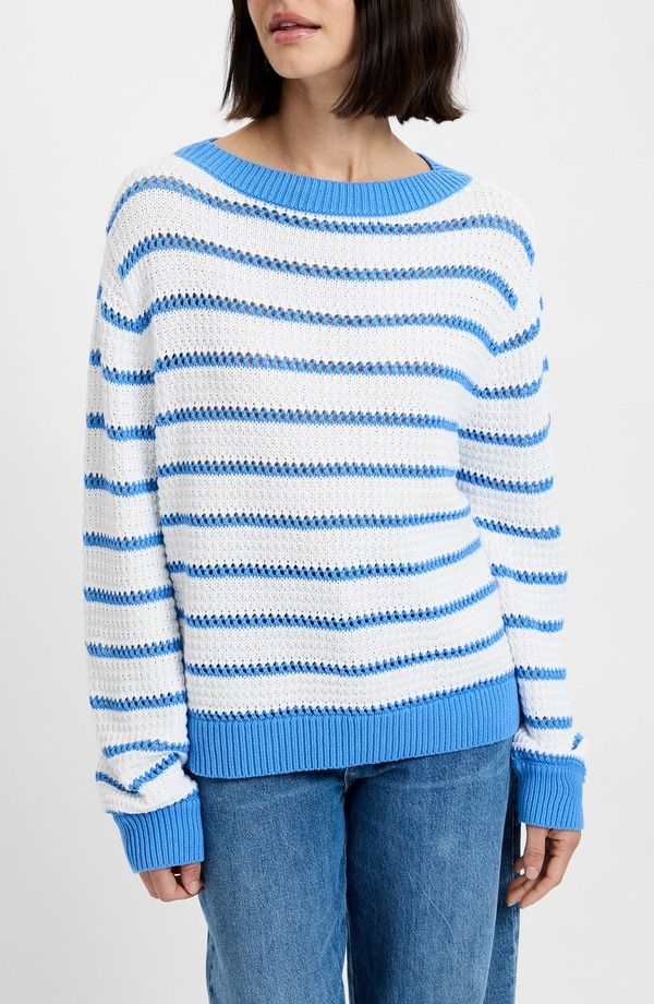 フレンチコネクション レディース アウター パーカー・スウェット セーター コットン French Connection Stripe Open Stitch Cotton Sweater 10Summer WhiteBlue Hy ホワイト