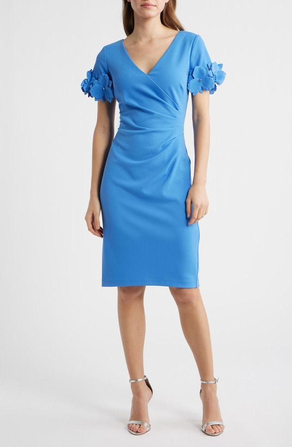 アドリアナ パペル レディース トップス ワンピース クレープ Adrianna Papell 3D Flower Cuff Crepe Faux Wrap Dress Cool Water