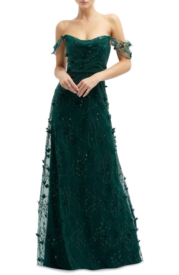 ドレッシーコレクション レディース トップス ワンピース 刺繍 Dessy Collection 3D Embroidered Off the Shoulder Gown Evergreen