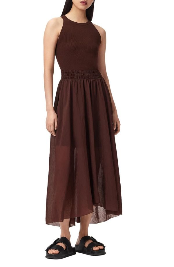 オールセインツ レディース トップス ワンピース アシンメトリー ノースリーブ AllSaints Zenia Sleeveless Asymmetric Hem Dress Bitter Brown ブラウン
