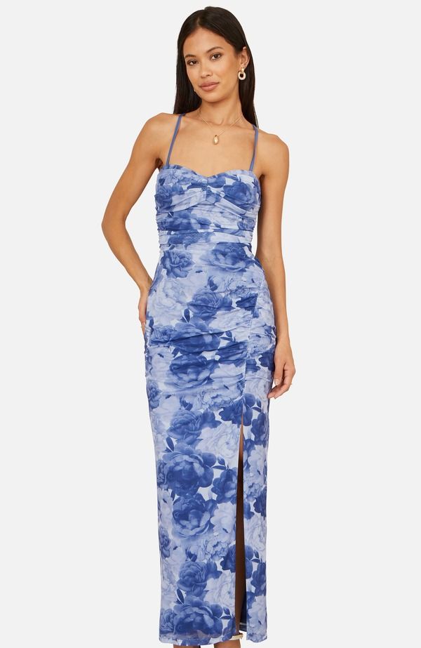 ユミキム レディース トップス ワンピース ギャザー メッシュ ミディ Yumi Mesh Ruched Midi Dress Blue ブルー