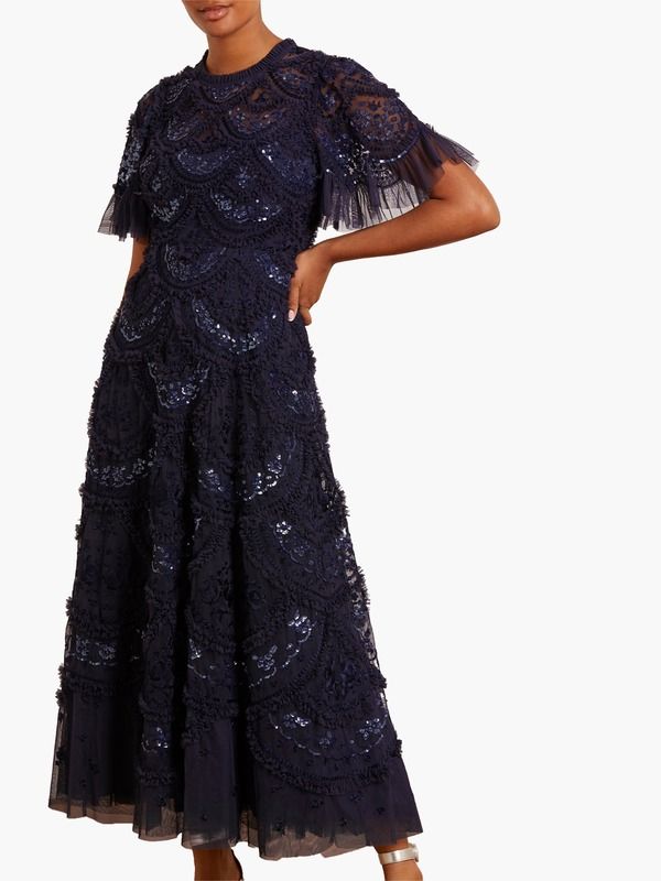 ニードルアンドスレッド レディース トップス ワンピース フリル マキシ Needle Thread Carmen Ruffle Maxi Dress Navy ネイビー