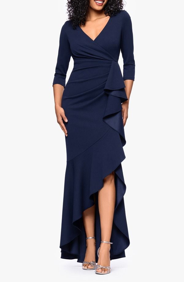 ベッツィアンドアダム レディース トップス ワンピース クレープ フリル スキューバ Betsy Adam Ruffle Scuba Crepe Faux Wrap HighLow Mermaid Gownavy ネイビー