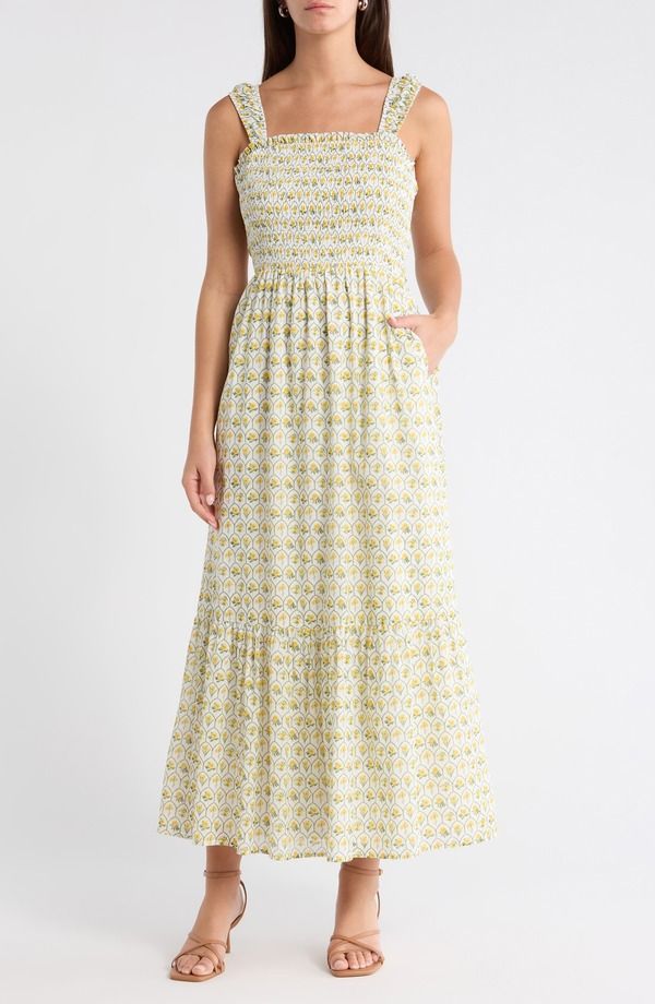 シュガーリップス レディース トップス ワンピース シャーリング マキシ SUGARLIPS Vemmy Abstractayla Smocked Maxi Dress WhiteYellow ホワイト