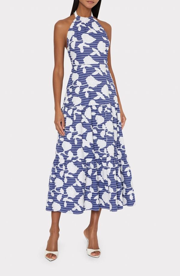 ミリー レディース トップス ワンピース フラワー柄 ミディ 刺繍 フラワー ホルター Milly Hayden Floral Embroidered Halter Midi Dress Blue White ホワイト