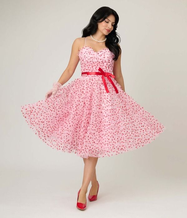 ユニークビンテージ レディース トップス ワンピース チュール Unique Vintage Tulle Sweetheart Cupcake Swing Dress Pink W Red Hearts レッド