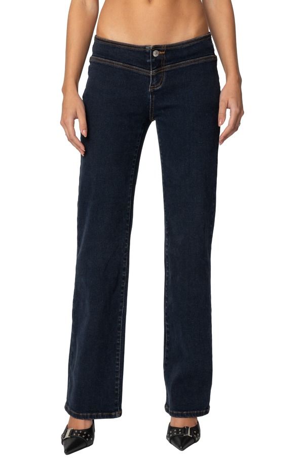 アディクテッド レディース ボトムス デニムパンツ ストレート ローライズ レース ジーンズ EDIKTED Ribbon LaceUp Low Rise Straight Leg Jeans DarkBlue ブルー