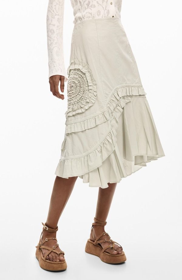 デジグアル レディース ボトムスカート アシンメトリー フリル ミディ Desigual Ruffle Asymmetric Midi Skirt Off White オフホワイト