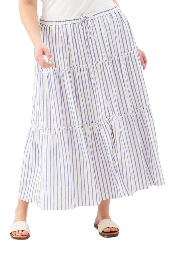 カレンケーン レディース ボトムスカート ティアード ミディ リネン Karen Kane Tiered Stripe Linen Blend Midi Skirt BlueWhite ホワイト