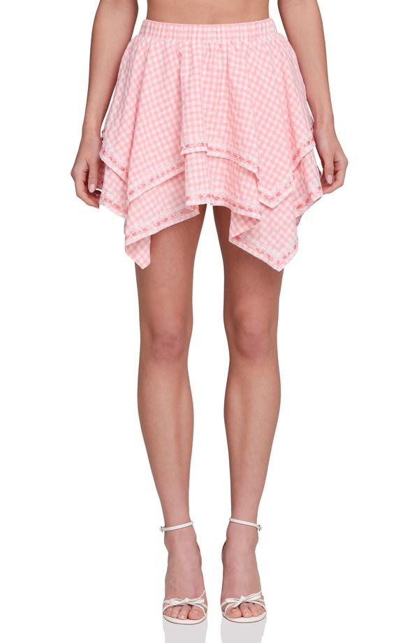 アヴェックレフィーユ レディース ボトムスカート ミニ Avec Les Filles Layered Handkerchief Heminiskirt Pink White Gingham ホワイト