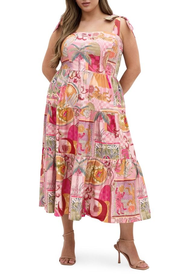 シティーシック レディース トップス ワンピース プリント ミディ City Chic Ellessia Print Fit Flare Midi Tie Shoulder Dress Pink Dreamscape ピンク
