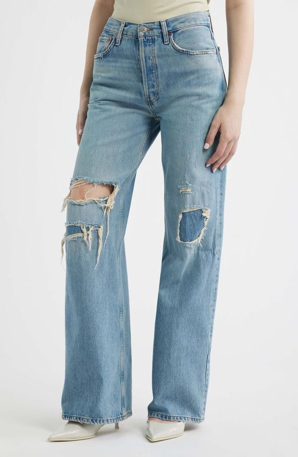 リダン レディース ボトムス デニムパンツ ワイドレッグ ハイウエスト ジーンズ ReDone High Waist Ripped Repaired Wide Leg Jeans Age Worn Blue ブルー