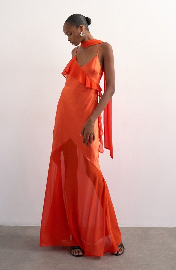 トップショップ レディース トップス ワンピース シフォン フリル サテン マキシ Topshop Satin Chiffon Ruffle Maxi Slipdress Orange オレンジ