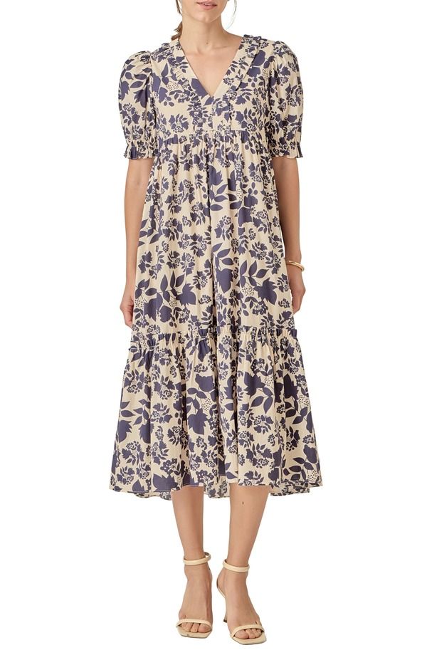 イングリッシュファクトリー レディース トップス ワンピース ティアード フラワー柄 プリント ミディ フラワー English Factory Floral Printiered Midi Dress Cream Navy クリーム