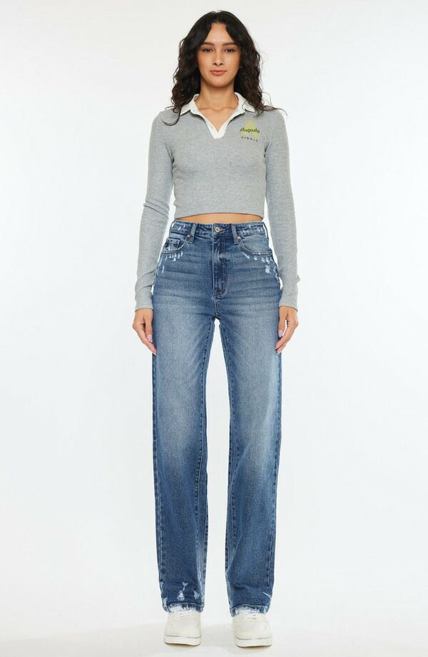 カンクン レディース ボトムス デニムパンツ ストレート ジーンズ KanCan Viviana High Rise 90straight Leg Jeans Medium Stone Wash ストーン
