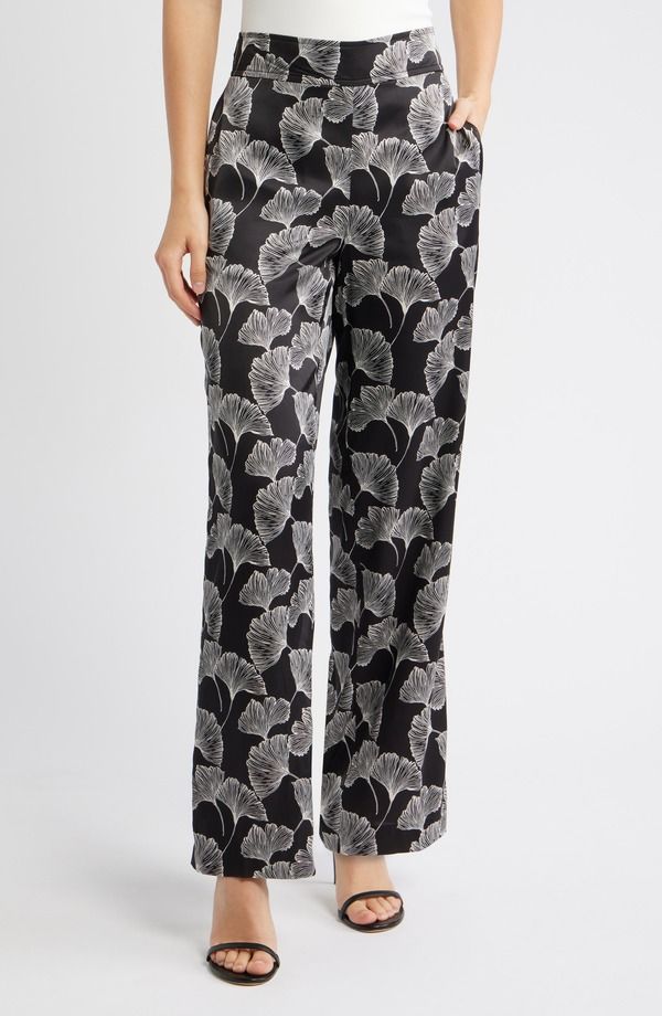 アンクライン レディース ボトムス レギンス ワイドレッグ ハイウエスト プリント パンツ Anne Klein Print High Waist PullOn Wide Leg Pants Black White Ivory ホワイト