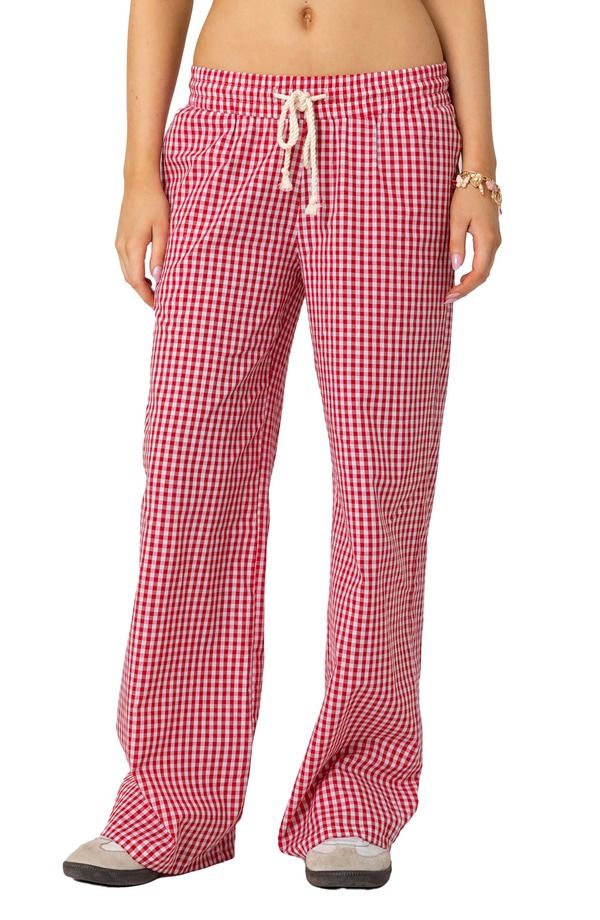 アディクテッド レディース ボトムス レギンス ローライズ ギンガムチェック パンツ ギンガム EDIKTED Taya Gingham Low Rise Drawstring Pants Red レッド