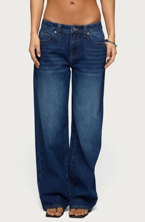 アディクテッド レディース ボトムス デニムパンツ ワイドレッグ ローライズ ジーンズ EDIKTED Rivka Low Rise Wide Leg Jeans DarkBlueWashed ブルー