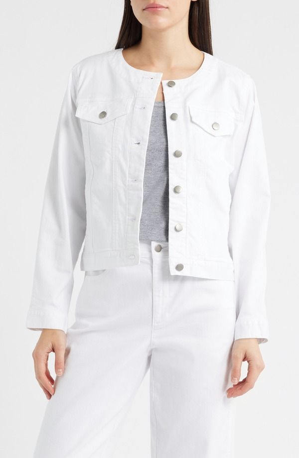 エイリーンフィッシャー レディース ボトムス デニムパンツ コットン ジャケット Eileen Fisher Stretch Organicotton Round Neck Jean Jacket White ホワイト