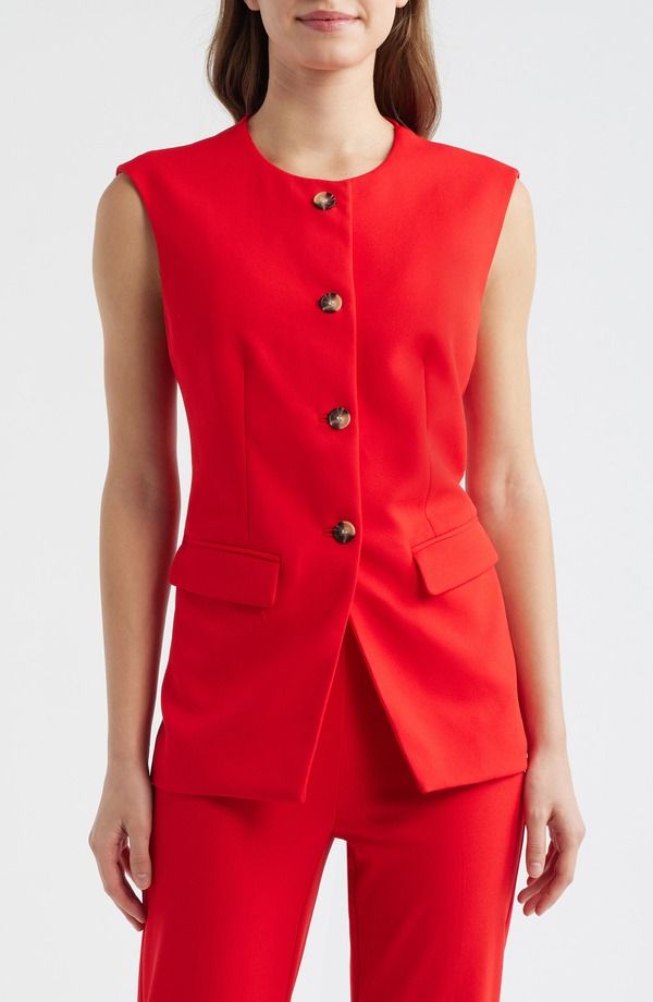 アンクライン レディース アウター ベスト Anne Klein Collarless Vest Begonia Red レッド