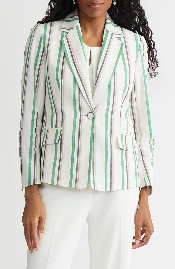 カスパール レディース アウター ジャケット・ブルゾン ブレザー KASPER Stripe OneButton Blazer Lush Green Multi グリーン
