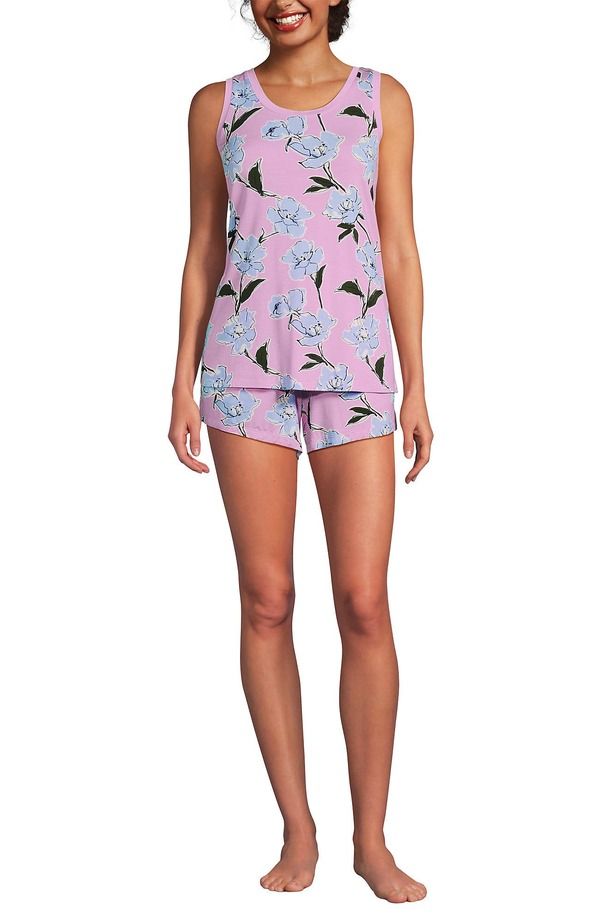 ランズエンド レディース アンダーウェア ナイトウェア ショートパンツ Lands End Cooling 3 Piece Pajama Set Robe Tank and Shorts Lilac Breezetched Floral ライラック