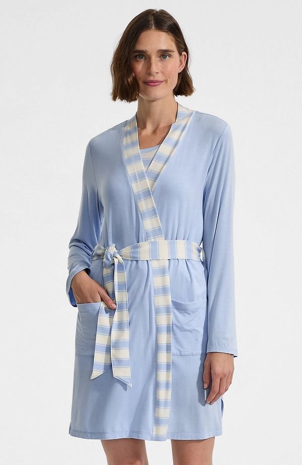 ランズエンド レディース アンダーウェア ナイトウェア ショートパンツ Lands End Cooling 3 Piece Pajama Set Robe Tank and Shorts Misty Blue Stripe ブルー
