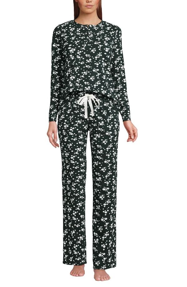 ランズエンド レディース アンダーウェア ナイトウェア プチ パンツ ニット Lands End Petite Knit 2 Piece Pajama Set Long Sleeve Top and Pants ForestIvory Ditsy Floral