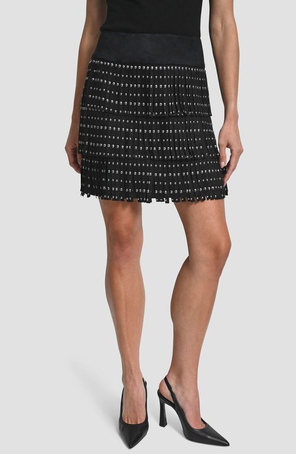 ダナ キャラン ニューヨーク レディース ボトムスカート ミニ フリンジ DKNY Stud Fringe Miniskirt Black ブラック