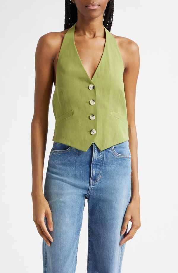 ヴェロニカ ベアード レディース アウター ベスト リネン ホルター Veronica Beard Arabella Linen Blend Halter Vest Cactus