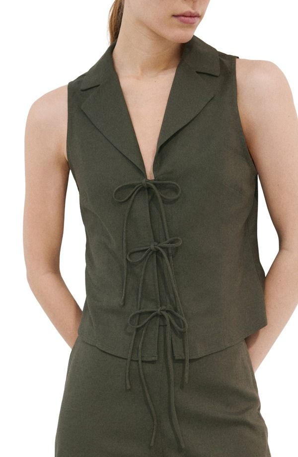 マンゴ レディース アウター ベスト MANGO Tie Front Vest Khaki Green グリーン