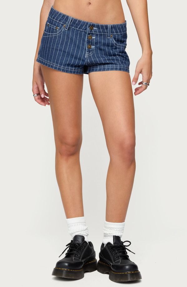 アディクテッド レディース ボトムス デニムパンツ ローライズ ショートパンツ EDIKTED Hanson Pinstripe Low Rise Denim Shorts Blue ブルー
