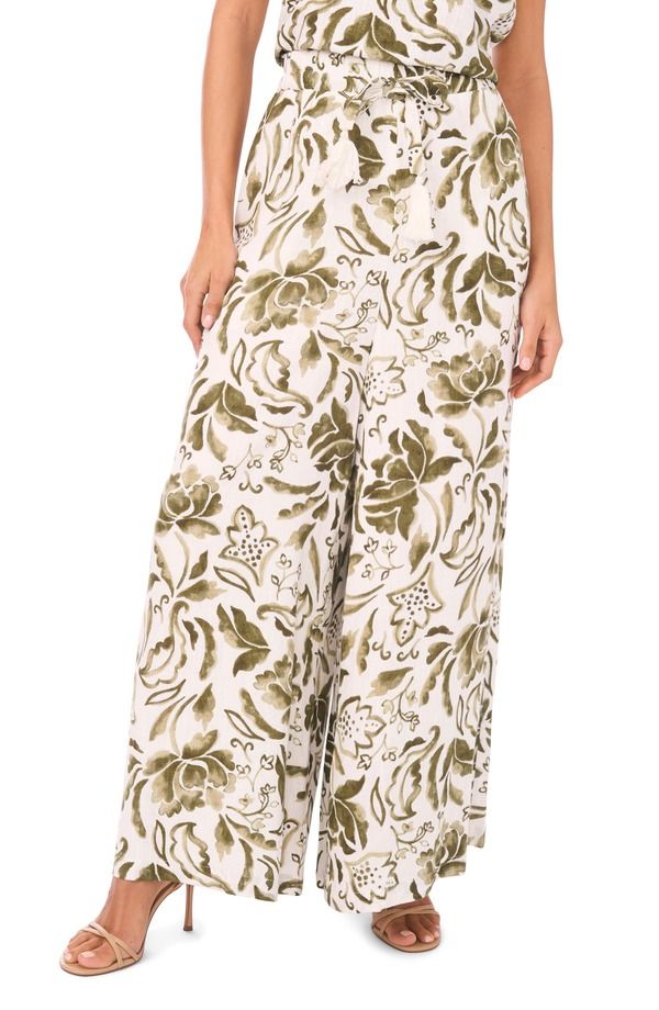 ヴィンスカムート レディース ボトムス レギンス ワイドレッグ フラワー柄 パンツ フラワー Vince Camuto Floral Wide Leg Drawstring Pants Olive Mist オリーブ