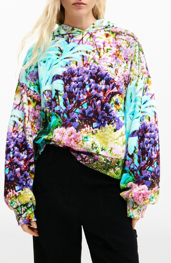 デジグアル レディース アウター パーカー・スウェット プリント コットン Desigual Printed Oversize Cotton Hoodie Aqua Green Black Multi ブラック