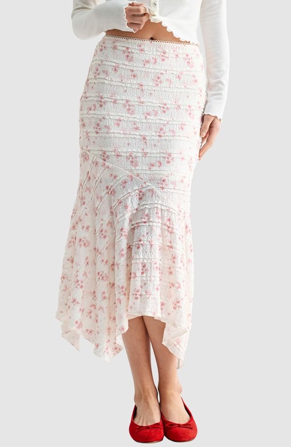 オールインフボール レディース ボトムスカート プリント フリル レース マキシ All in Favor Print Lace Ruffle Handkerchief Hemaxi Skirt Cream Pink Floral クリーム