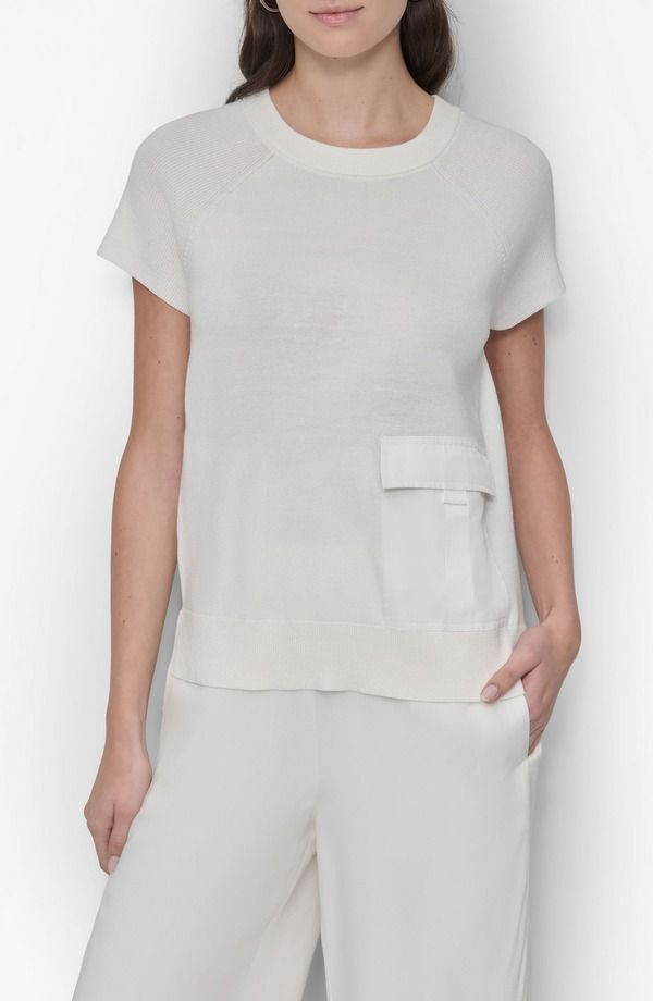 ダナ キャラン ニューヨーク レディース アウター パーカー・スウェット セーター サテン DKNY Satin Pocket Short Sleeve Sweater Ivory アイボリー