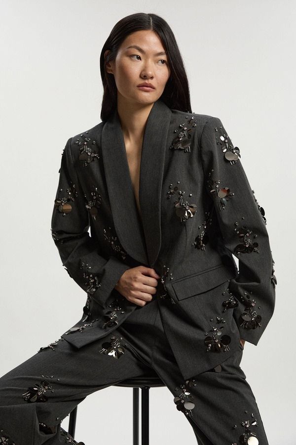 カレンミレン レディース アウター ジャケット・ブルゾン ブレザー Karen Millen Embellished SingleBreasted Blazer Grey グレー