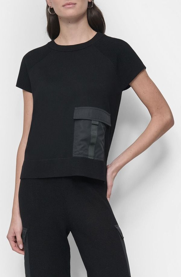 ダナ キャラン ニューヨーク レディース アウター パーカー・スウェット セーター サテン DKNY Satin Pocket Short Sleeve Sweater Black ブラック