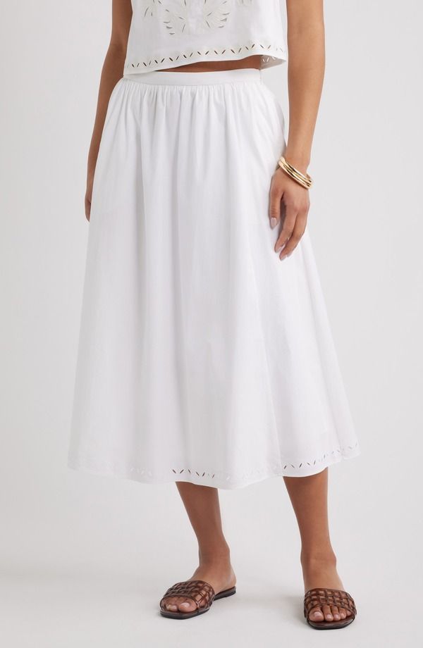 オープンエディット レディース ボトムスカート ミディ コットン 刺繍 Open Edit Embroidered Stretch Cotton Poplin Midi Skirt White ホワイト