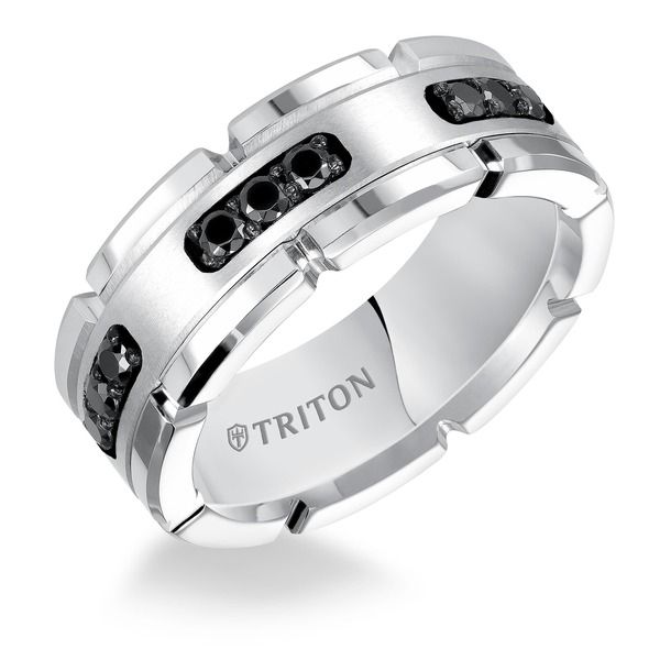 トリトン レディース アクセサリー 指輪 Triton Flat Edge Brushed Center Stone Wedding Band Metallic Silver シルバー