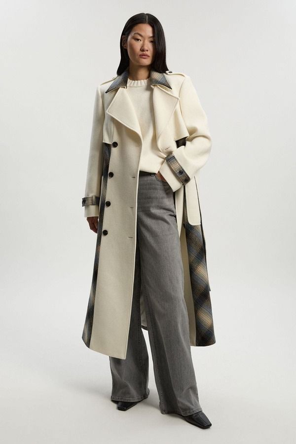カレンミレン レディース アウター ジャケット・ブルゾン ミディ ウール コート Karen Millen Wool Check Trench Midi Coat Ivory アイボリー
