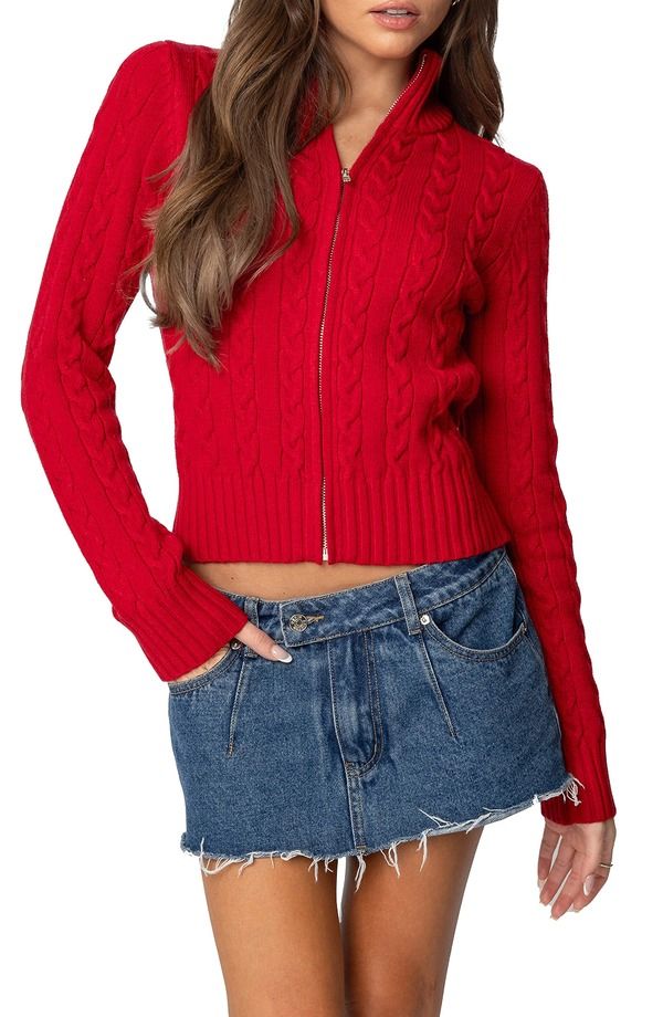 アディクテッド レディース アウター パーカー・スウェット セーター EDIKTED Ryn Cable Zip Sweatered レッド