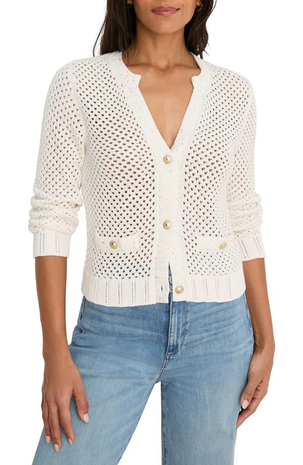 ニックプラスゾーイ レディース アウター パーカー・スウェット スパンコール カーディガン NICZOE Sequin Glow Open Stitch Cardigan Milk White ホワイト